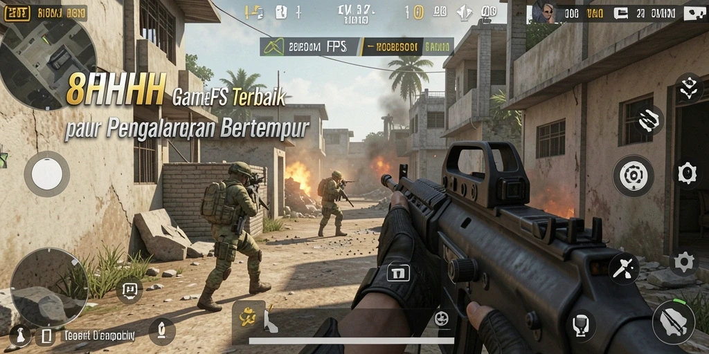 Screenshot gameplay 8HHH dengan aksi tembak-menembak intens.
