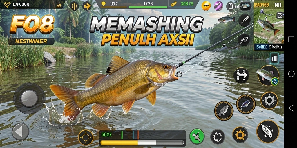 Screenshot gameplay FO8 menampilkan momen mendebarkan saat menangkap ikan.