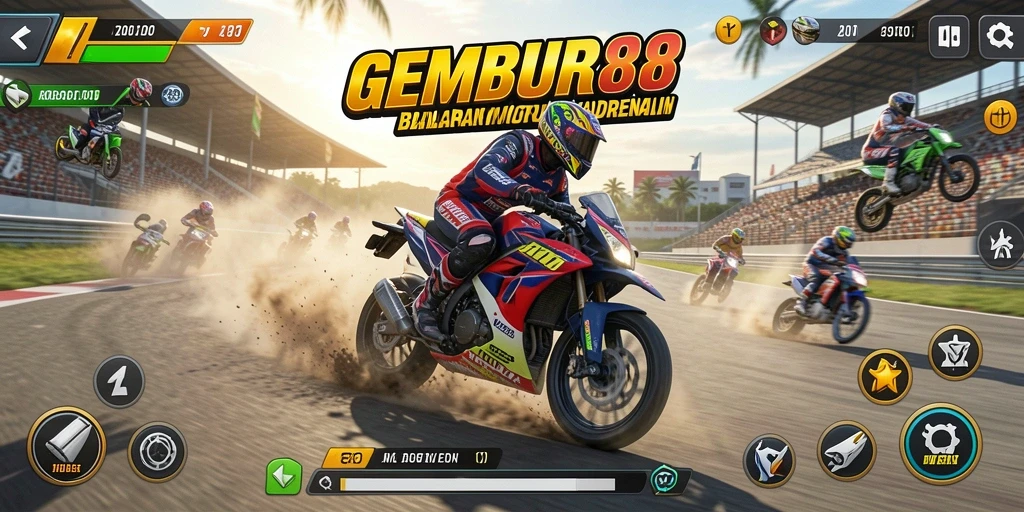Screenshot gameplay <strong>GEMBUR88</strong> menunjukkan balapan motor yang intens dan mendebarkan.