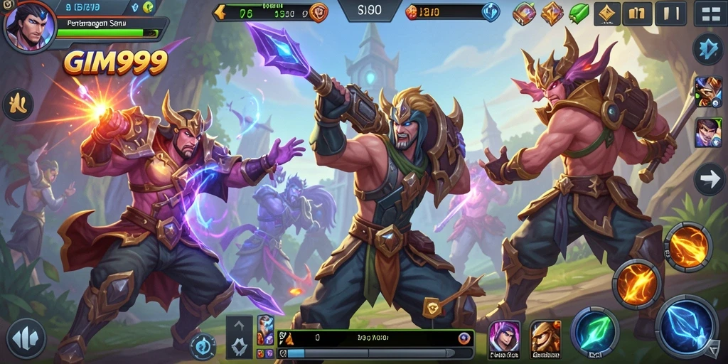 Screenshot GIM999 menampilkan pertempuran heroik antara tim dalam arena MOBA.