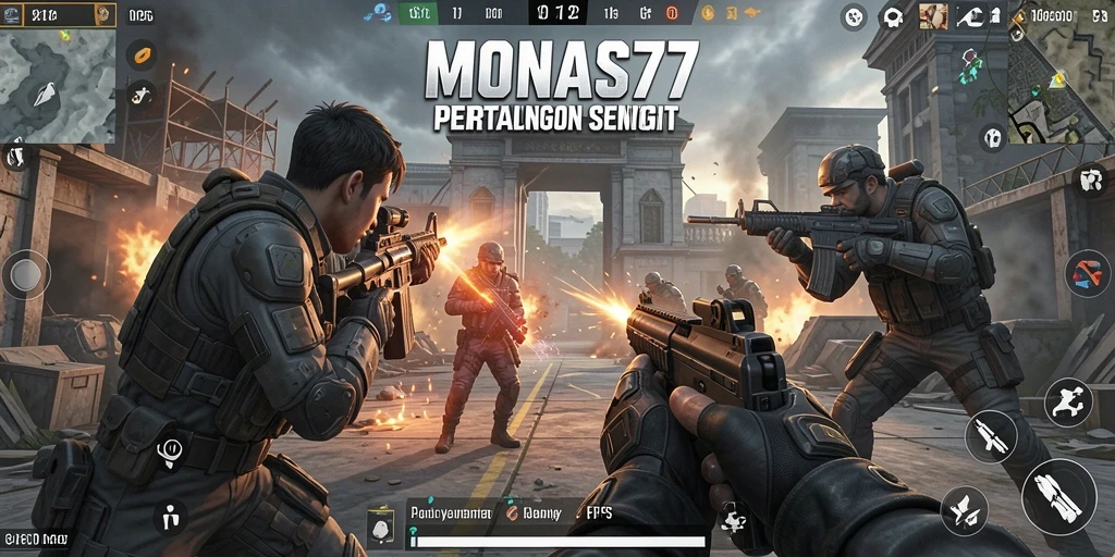 Screenshot MONAS77 menampilkan pertempuran seru dalam game FPS.