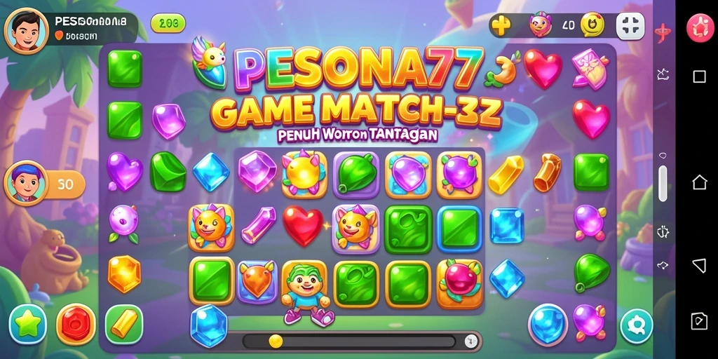 Tampilan screenshot PESONA77 menampilkan gameplay Match-3 yang seru dan penuh warna.